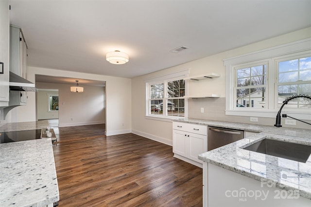 kitchen featuring sink, white cabinetry, light stone counters, decorative light fixtures, and stainless steel dishwasher