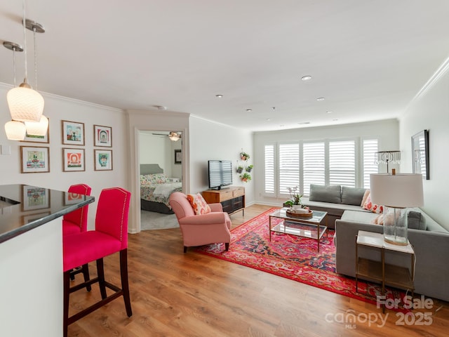 living room with wood-type flooring and crown molding