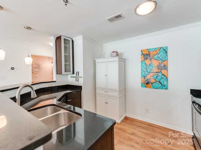 kitchen with hanging light fixtures, light wood-type flooring, white cabinetry, ornamental molding, and sink