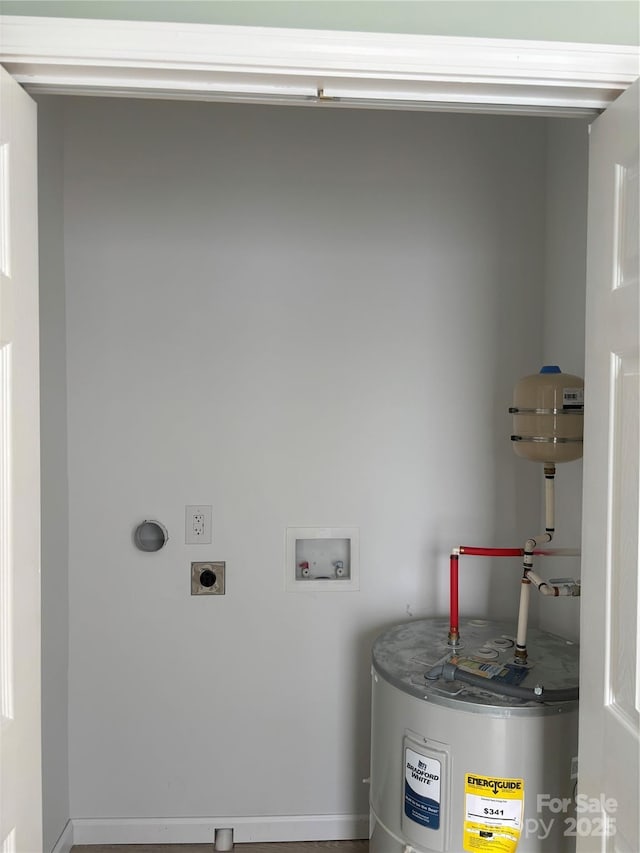 washroom with water heater, hookup for a washing machine, and hookup for an electric dryer