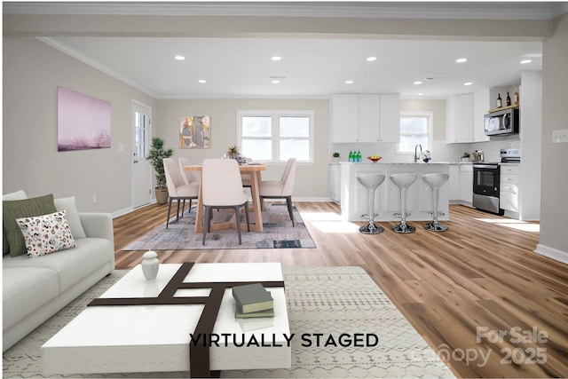 living room with sink, light hardwood / wood-style floors, and ornamental molding