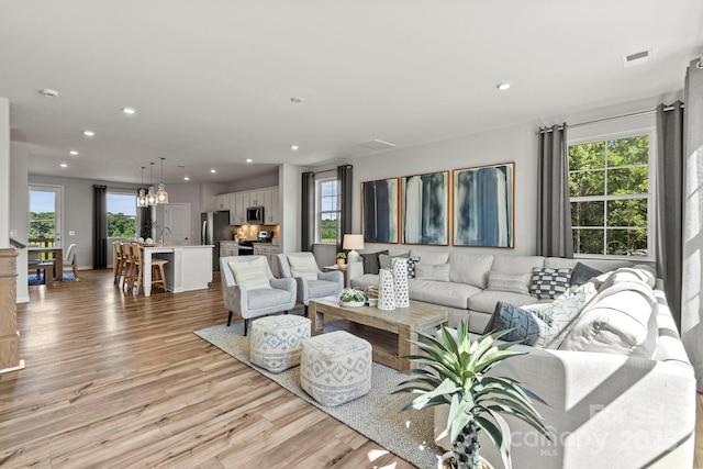 living room with a healthy amount of sunlight and light hardwood / wood-style flooring