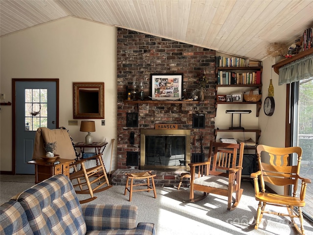 living room with vaulted ceiling, wooden ceiling, and a brick fireplace