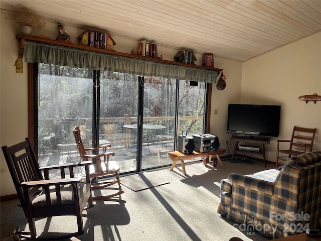 living room with carpet floors and wooden ceiling