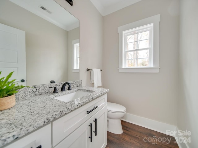 bathroom featuring hardwood / wood-style flooring, vanity, and toilet