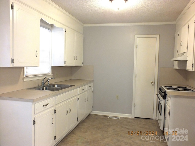 kitchen with a textured ceiling, white cabinetry, and white stove