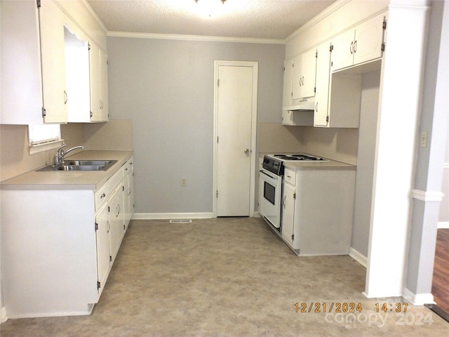 kitchen featuring sink, white range oven, light carpet, white cabinets, and ornamental molding