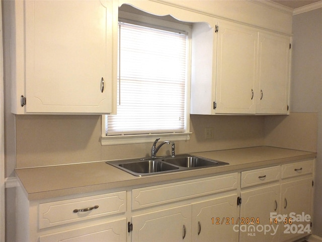 kitchen featuring crown molding, sink, and white cabinets