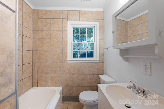 bathroom with tile patterned floors, crown molding, toilet, a bathtub, and tile walls