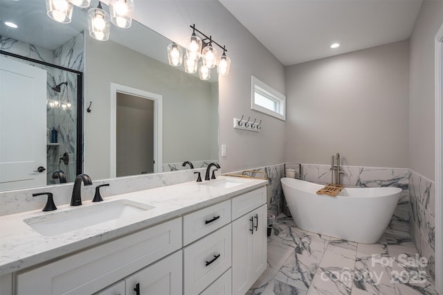 bathroom with vanity, tile walls, and plus walk in shower