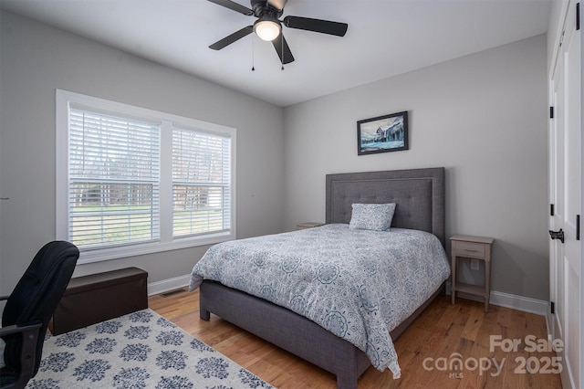 bedroom with multiple windows, light hardwood / wood-style flooring, and ceiling fan