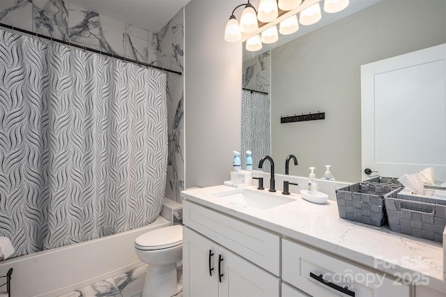 full bathroom featuring vanity, shower / bathtub combination with curtain, and toilet