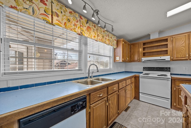 kitchen with sink, white electric range oven, ventilation hood, a textured ceiling, and dishwashing machine