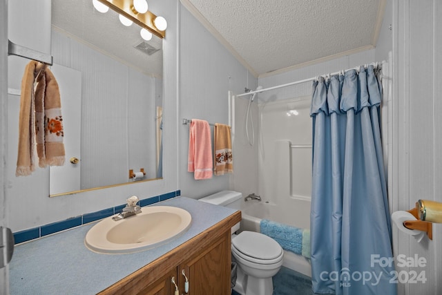 full bathroom with toilet, shower / bath combination with curtain, a textured ceiling, and ornamental molding