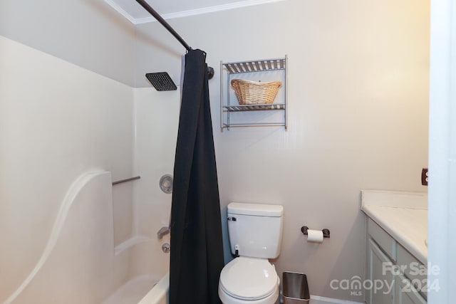 full bathroom with vanity, shower / bath combination with curtain, and toilet