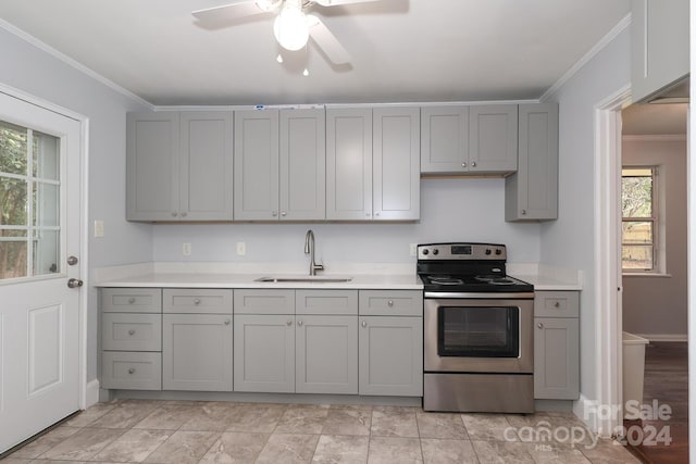 kitchen featuring stainless steel range with electric stovetop, gray cabinetry, crown molding, sink, and ceiling fan