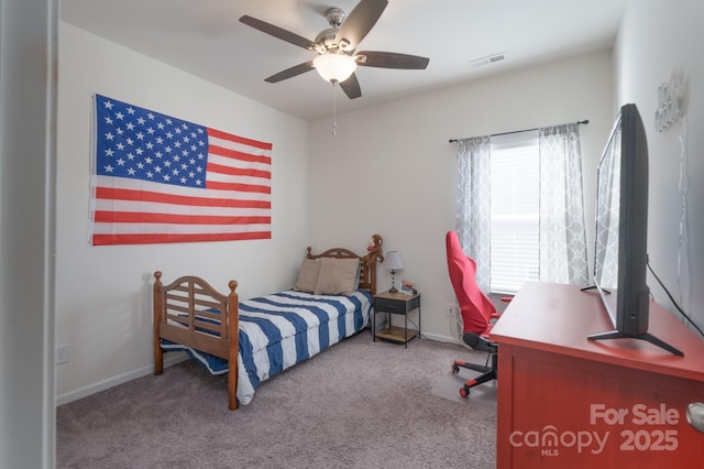 bedroom featuring carpet flooring and ceiling fan