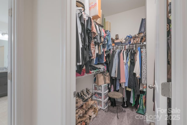 walk in closet featuring light carpet