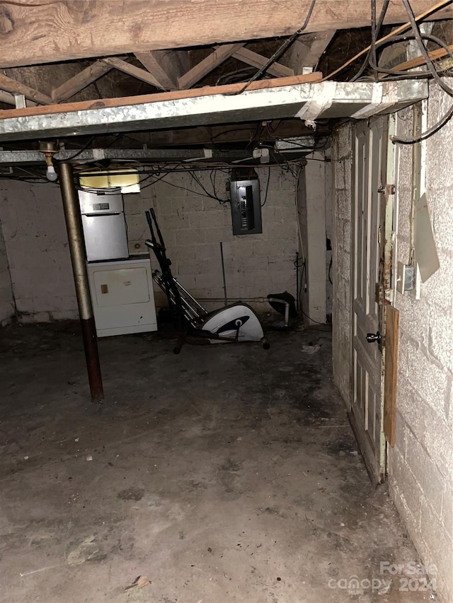 basement with washer / clothes dryer and electric panel