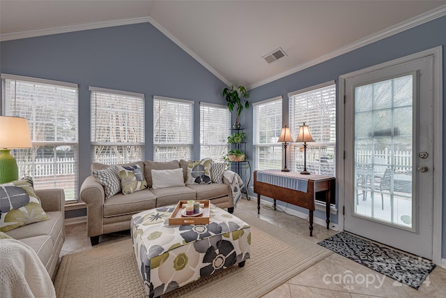 tiled living room with vaulted ceiling and ornamental molding