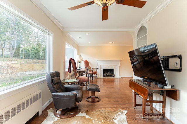 living room featuring a fireplace, a wealth of natural light, radiator, and ceiling fan