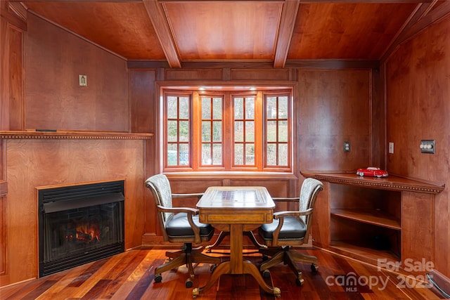 dining space with beamed ceiling, wood walls, wood-type flooring, and wood ceiling