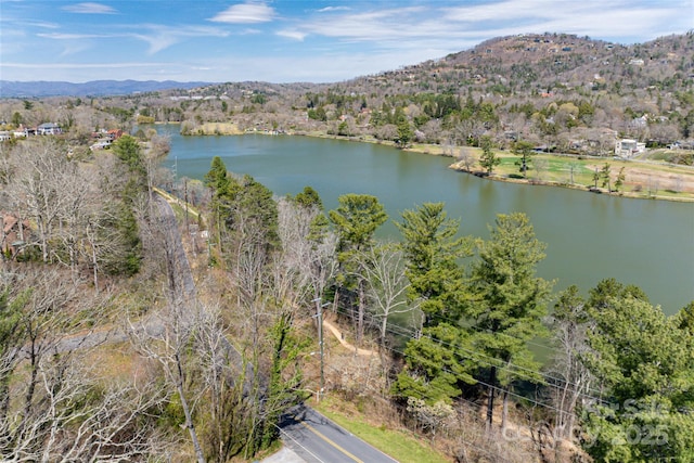 bird's eye view with a water and mountain view