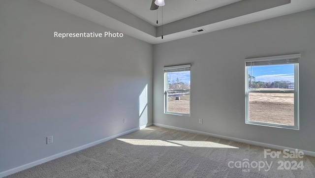 empty room with light carpet, ceiling fan, and a healthy amount of sunlight