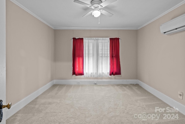 unfurnished room featuring a wall mounted air conditioner, light colored carpet, ceiling fan, and ornamental molding