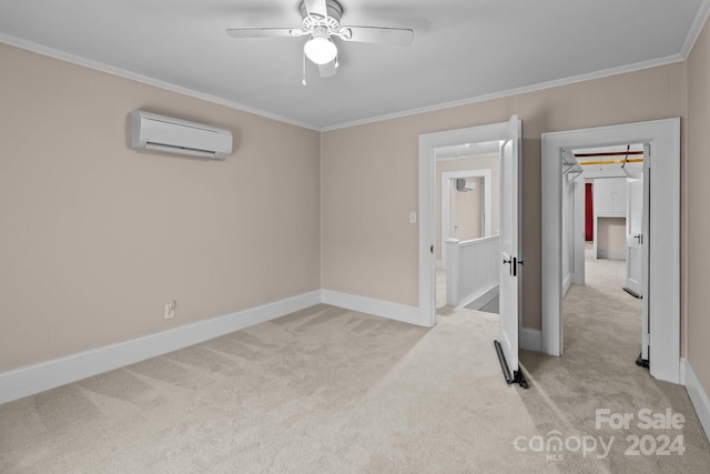 unfurnished bedroom featuring a wall mounted air conditioner, crown molding, ceiling fan, light colored carpet, and a closet