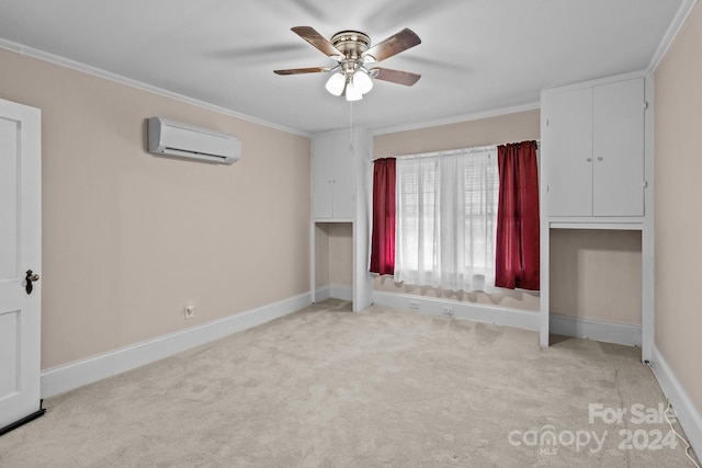 unfurnished bedroom featuring light carpet, an AC wall unit, ceiling fan, and crown molding