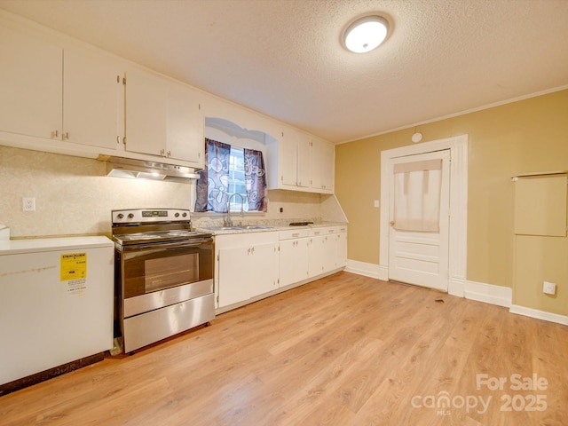 kitchen featuring sink, light hardwood / wood-style flooring, a textured ceiling, stainless steel electric range, and white cabinets