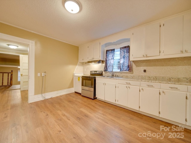 kitchen featuring a textured ceiling, stainless steel electric stove, sink, light hardwood / wood-style floors, and white cabinetry