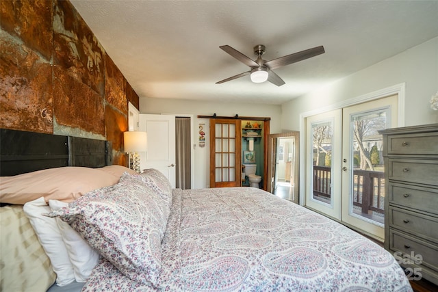 bedroom featuring french doors, access to outside, and ceiling fan