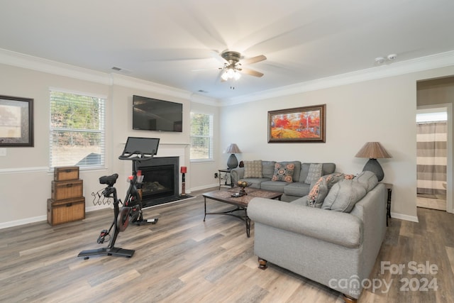 living room featuring hardwood / wood-style floors, a healthy amount of sunlight, and ornamental molding