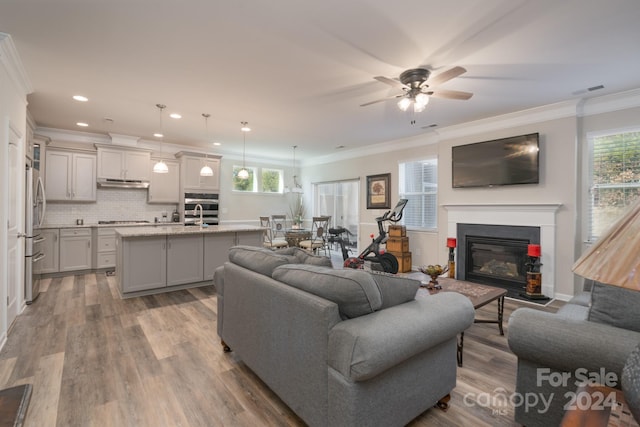 living room featuring ceiling fan, crown molding, light hardwood / wood-style floors, and sink