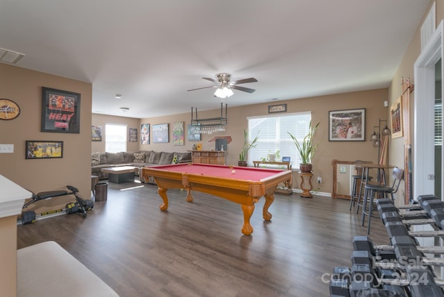 recreation room with ceiling fan, plenty of natural light, dark hardwood / wood-style floors, and pool table