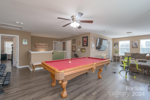 rec room featuring ceiling fan, dark hardwood / wood-style flooring, and billiards