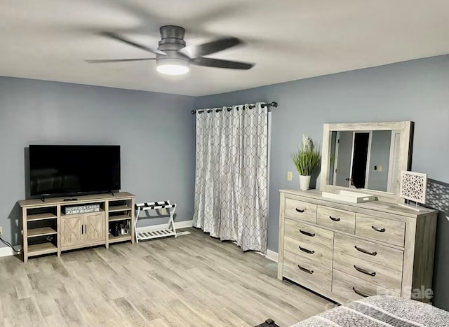 bedroom with ceiling fan and light wood-type flooring