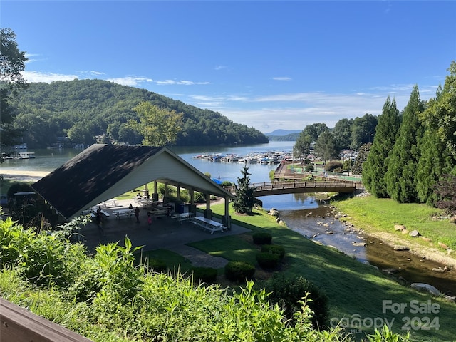 water view featuring a mountain view and a gazebo