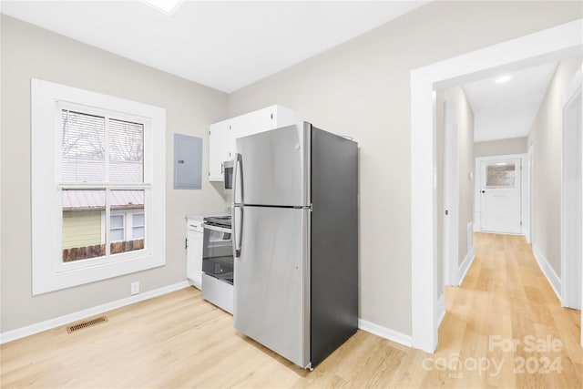 kitchen with white cabinets, electric panel, light wood-type flooring, and appliances with stainless steel finishes