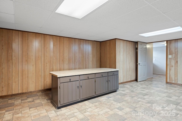 interior space featuring gray cabinets and wooden walls