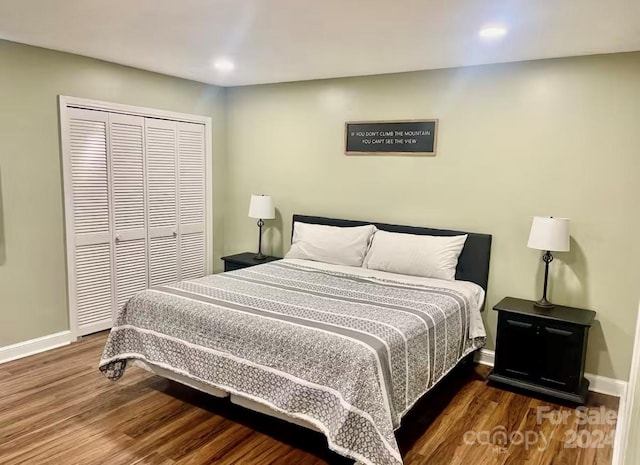 bedroom featuring dark hardwood / wood-style floors and a closet