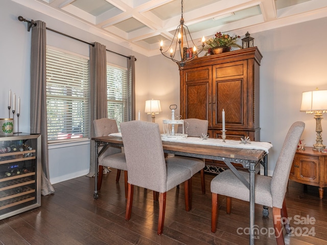 dining space featuring beamed ceiling, a chandelier, dark wood-type flooring, and coffered ceiling