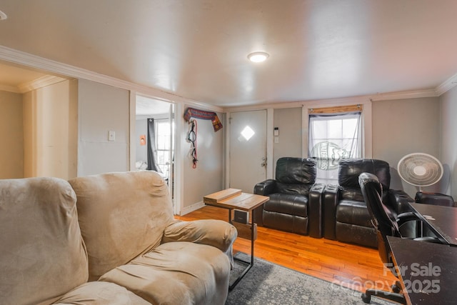 living room featuring wood-type flooring and crown molding