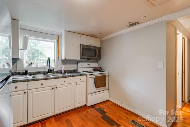 kitchen with crown molding, sink, electric range, white cabinets, and light hardwood / wood-style floors