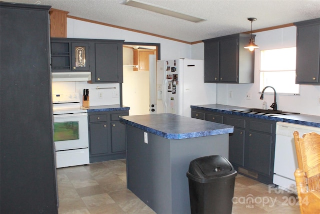 kitchen with sink, a center island, hanging light fixtures, vaulted ceiling, and white appliances