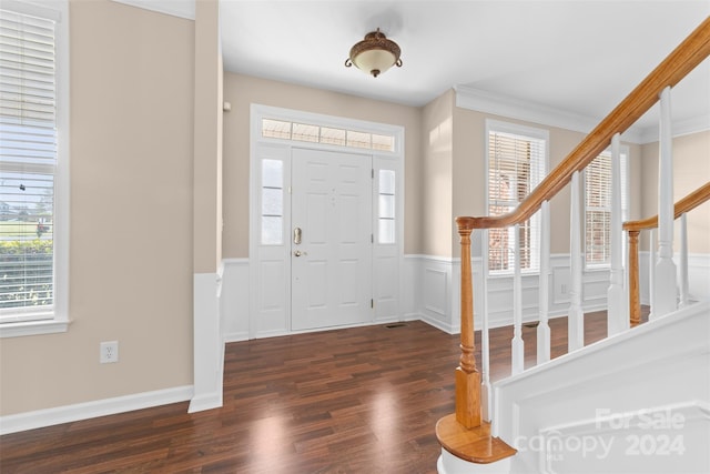 foyer entrance with a healthy amount of sunlight, crown molding, and dark wood-type flooring