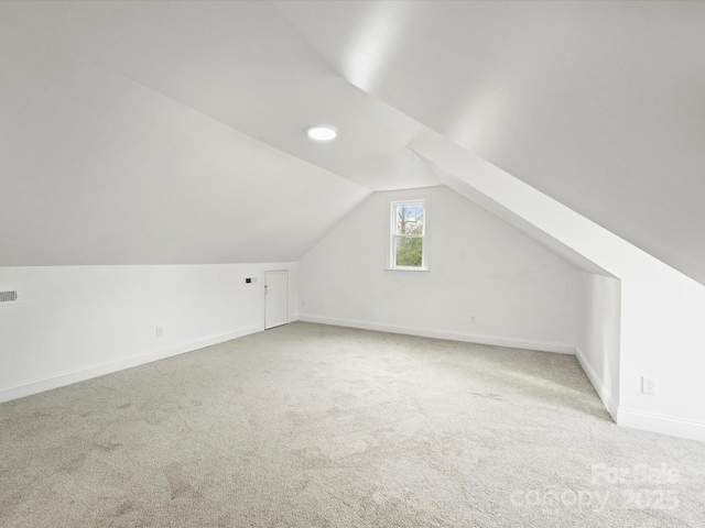 additional living space featuring light carpet and vaulted ceiling