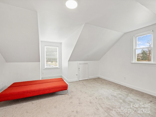 additional living space with plenty of natural light, lofted ceiling, and light carpet